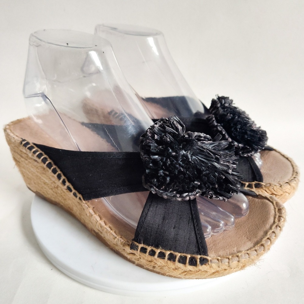 Andre Assous Black Sandals 8 Espadrille Wedge Criss Cross Strap Flower Spain